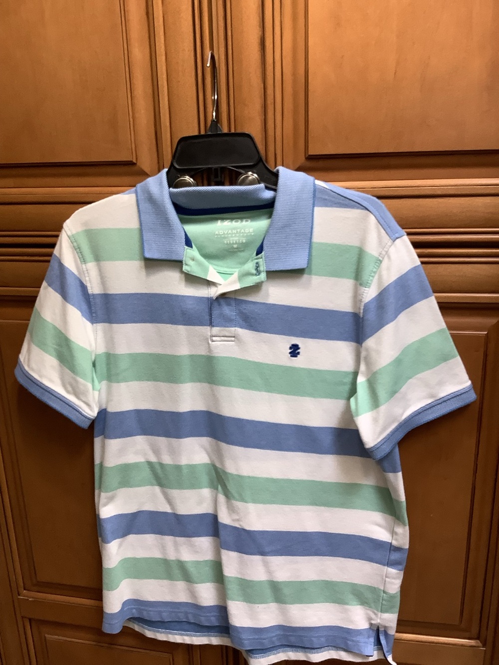 IZOD STRIPED POLO SHIRT IN LIGHT BLUE, MINT GREEN, & WHITE